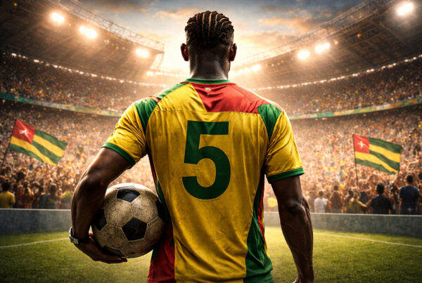 Tchangai di spalle in uno stadio pieno di tifosi, con la maglia numero 5 della Nazionale del Togo, prima di una partita internazionale