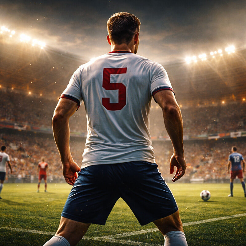 Volante nel calcio di spalle con maglia numero 5 davanti alla difesa in uno stadio illuminato, scena realistica e cinematografica.