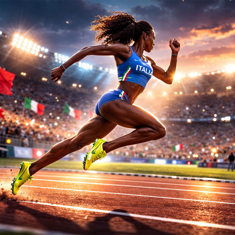 Zaynab Dosso in corsa sui 100 metri in uno stadio illuminato, illustrazione sportiva iperrealistica digitale