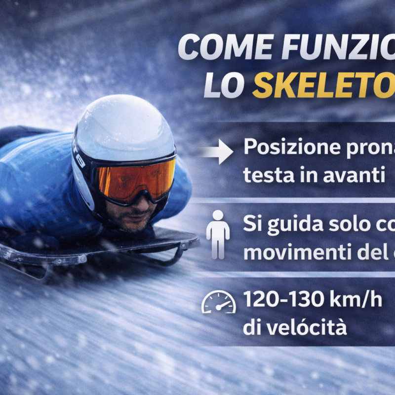 Come funziona lo Skeleton: atleta in posizione prona durante la discesa su pista ghiacciata ad alta velocità
