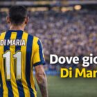 Di Maria di spalle con maglia gialloblù del Rosario Central e scritta Dove gioca Angel Di Maria in evidenza.
