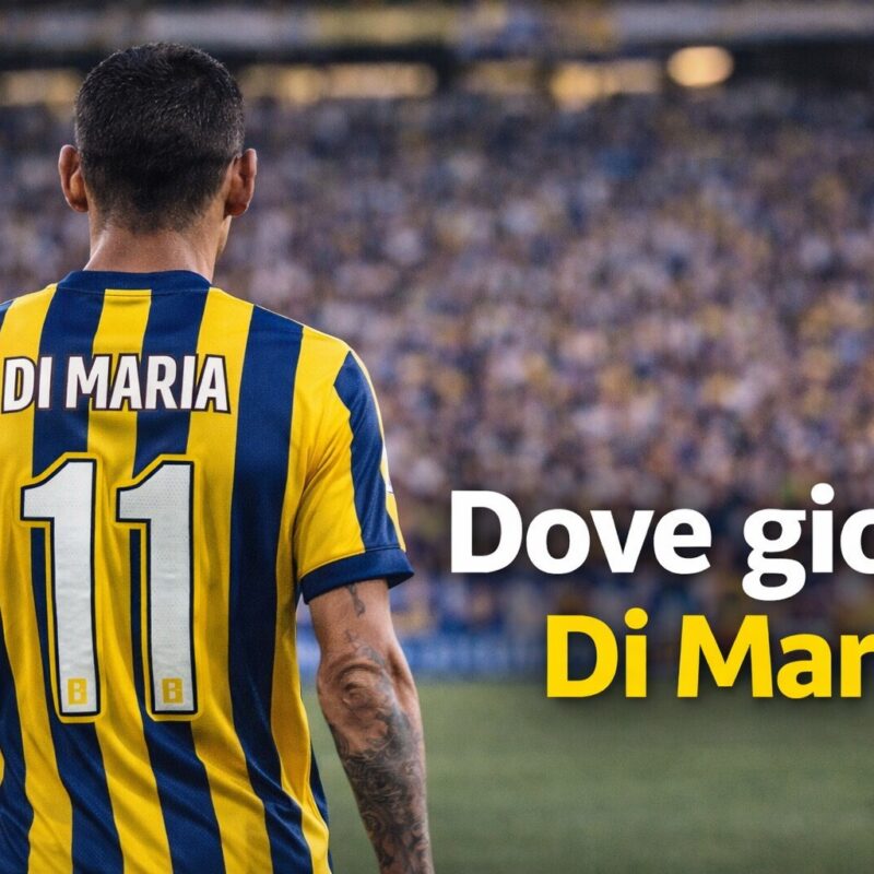 Di Maria di spalle con maglia gialloblù del Rosario Central e scritta Dove gioca Angel Di Maria in evidenza.