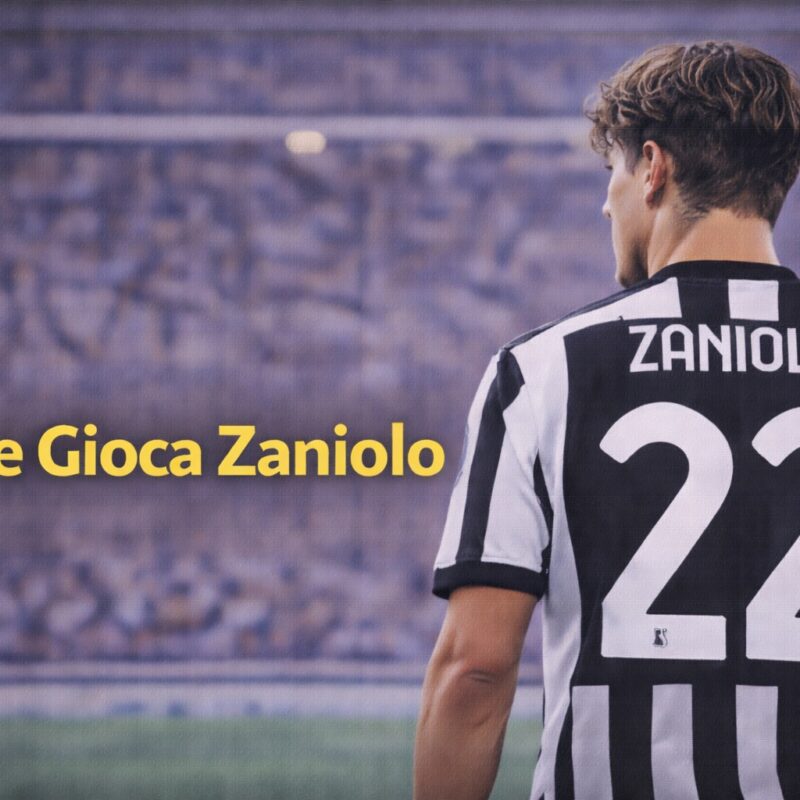 Nicolò Zaniolo di spalle con maglia bianconera a strisce numero 22 e scritta Dove Gioca Zaniolo in evidenza.