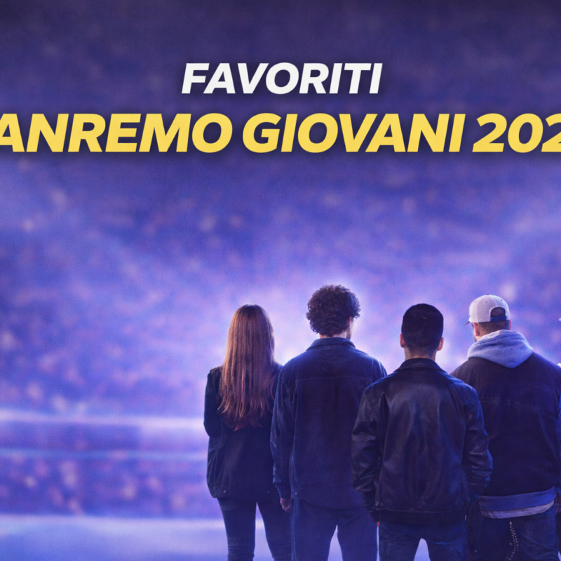 Favoriti Sanremo Giovani 2026: grafica 16:9 con titolo su sfondo palco illuminato e pubblico in platea