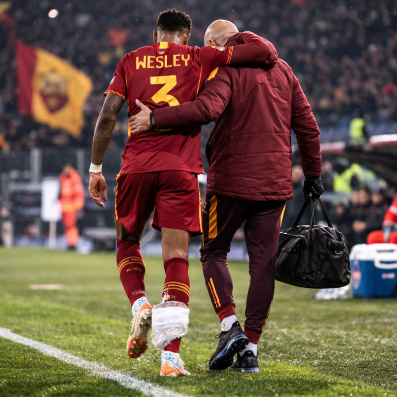 Infortunio Wesley: il giocatore di spalle lascia il campo sorretto dallo staff medico dopo il trauma alla caviglia