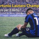 Lautaro Martinez seduto dolorante di spalle con maglia Inter numero 10 e scritta Infortunio Lautaro Champions – Rientro per il derby?.