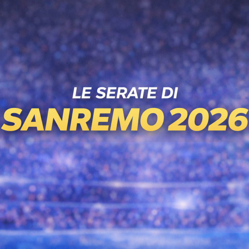 Le serate di Sanremo 2026: grafica 16:9 con titolo su sfondo di palco e luci da concerto