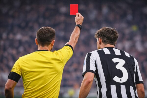 Arbitro di spalle mostra un cartellino rosso a un calciatore in maglia bianconera numero 3 durante una partita.