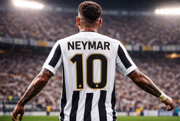 Neymar di spalle con maglia stile Santos numero 10, immagine per articolo Neymar torna al Santos e ritorno alle origini.