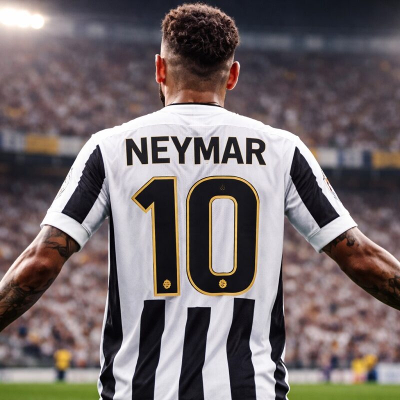 Neymar di spalle con maglia stile Santos numero 10, immagine per articolo Neymar torna al Santos e ritorno alle origini.