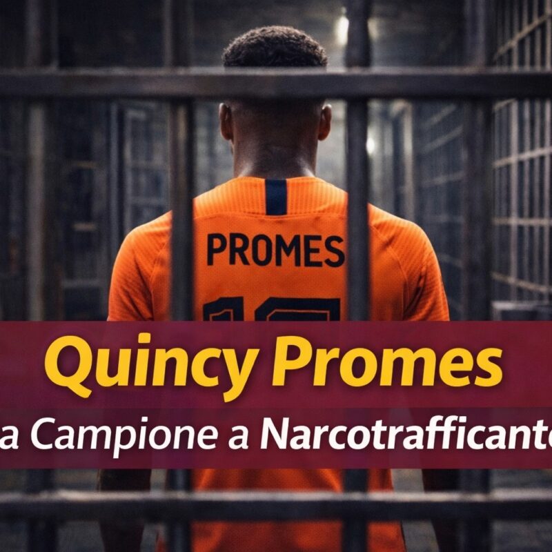 Quincy Promes di spalle con maglia Olanda dietro le sbarre, grafica con titolo Quincy Promes da Campione a Narcotrafficante.