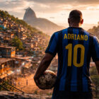 Adriano l'Imperatore di spalle con maglia Inter numero 10 osserva la favela di Rio al tramonto