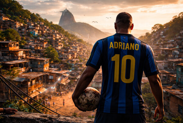 Adriano l'Imperatore di spalle con maglia Inter numero 10 osserva la favela di Rio al tramonto