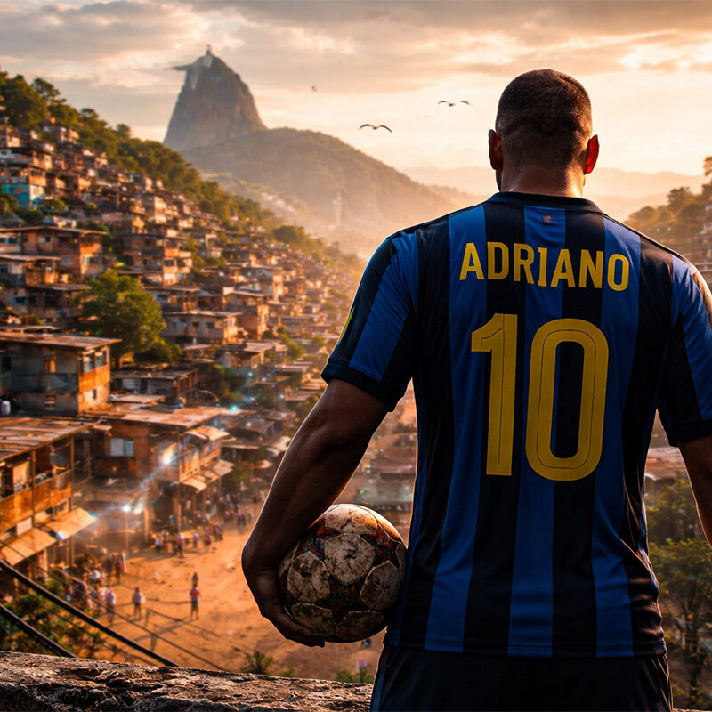 Adriano l'Imperatore di spalle con maglia Inter numero 10 osserva la favela di Rio al tramonto