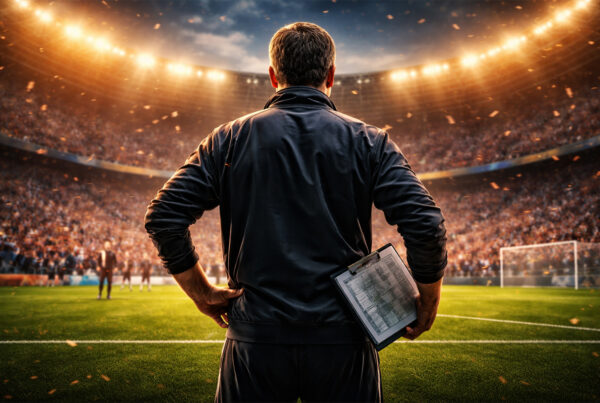 Allenatore di calcio di spalle in uno stadio illuminato, simbolo degli allenatori longevi nello sport