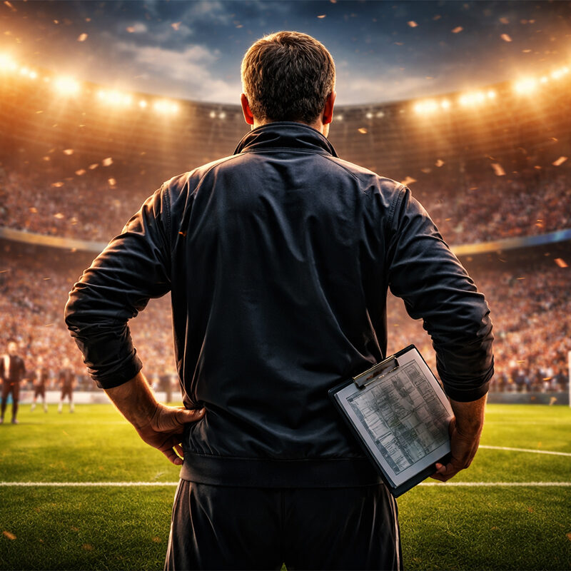 Allenatore di calcio di spalle in uno stadio illuminato, simbolo degli allenatori longevi nello sport