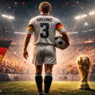 Andreas Brehme di spalle nello stadio con la maglia numero 3 della Germania accanto alla Coppa del Mondo, scena sportiva iperrealistica che rappresenta la storia di Andreas Brehme.