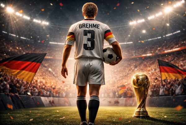 Andreas Brehme di spalle nello stadio con la maglia numero 3 della Germania accanto alla Coppa del Mondo, scena sportiva iperrealistica che rappresenta la storia di Andreas Brehme.