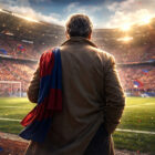 Angelo Massimino osserva lo stadio del Catania di spalle mentre guarda il campo e i tifosi rossazzurri in festa