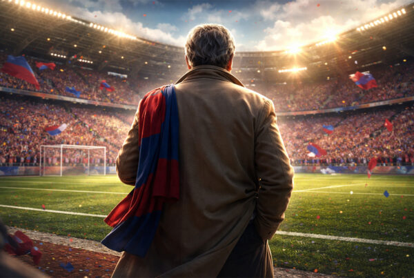 Angelo Massimino osserva lo stadio del Catania di spalle mentre guarda il campo e i tifosi rossazzurri in festa