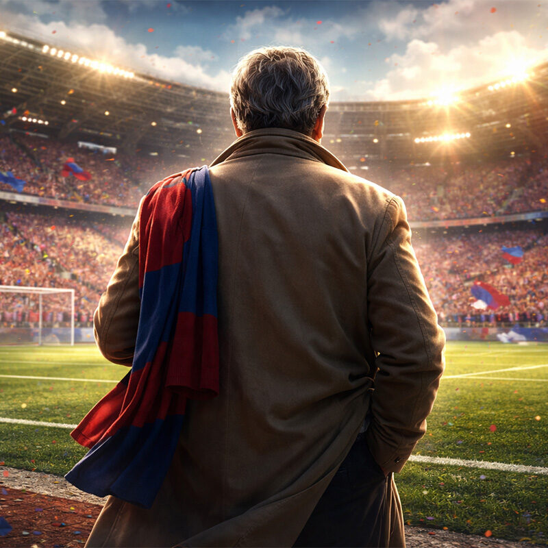 Angelo Massimino osserva lo stadio del Catania di spalle mentre guarda il campo e i tifosi rossazzurri in festa