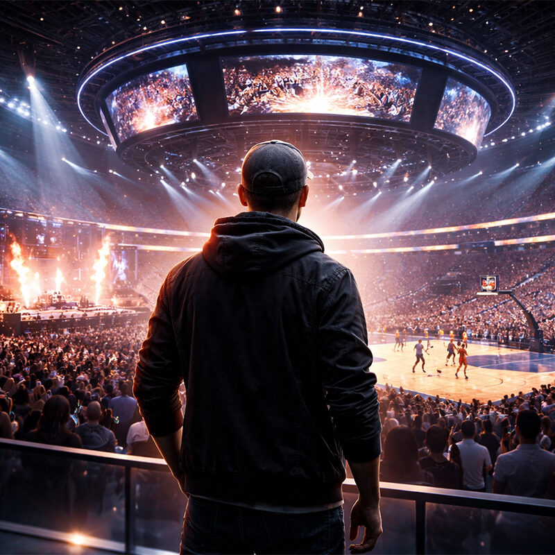 Arena Santa Giulia durante evento con concerto e partita di basket in un’arena moderna piena di spettatori