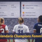 Calendario Champions Femminile con tre calciatrici di spalle in campo e tabellone sfocato delle partite sullo sfondo.