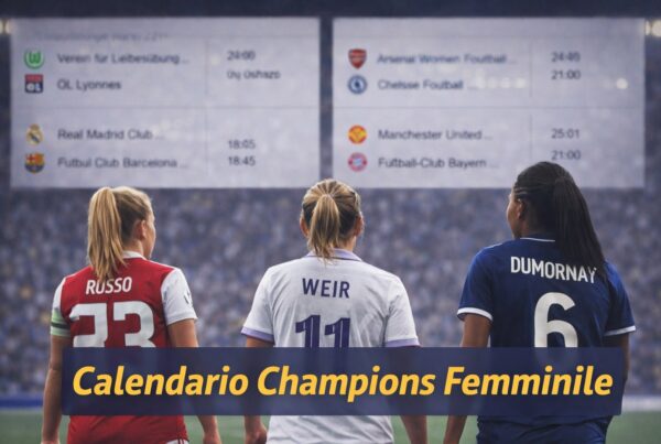 Calendario Champions Femminile con tre calciatrici di spalle in campo e tabellone sfocato delle partite sullo sfondo.