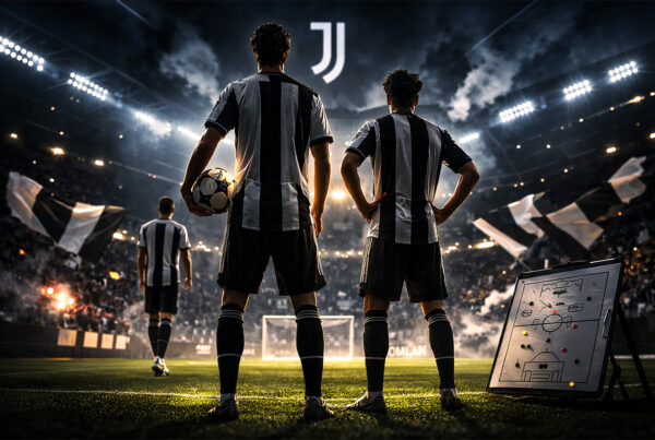 Giocatori di spalle nello stadio illuminato rappresentano il centrocampo Juventus pronto a guidare la nuova strategia bianconera.