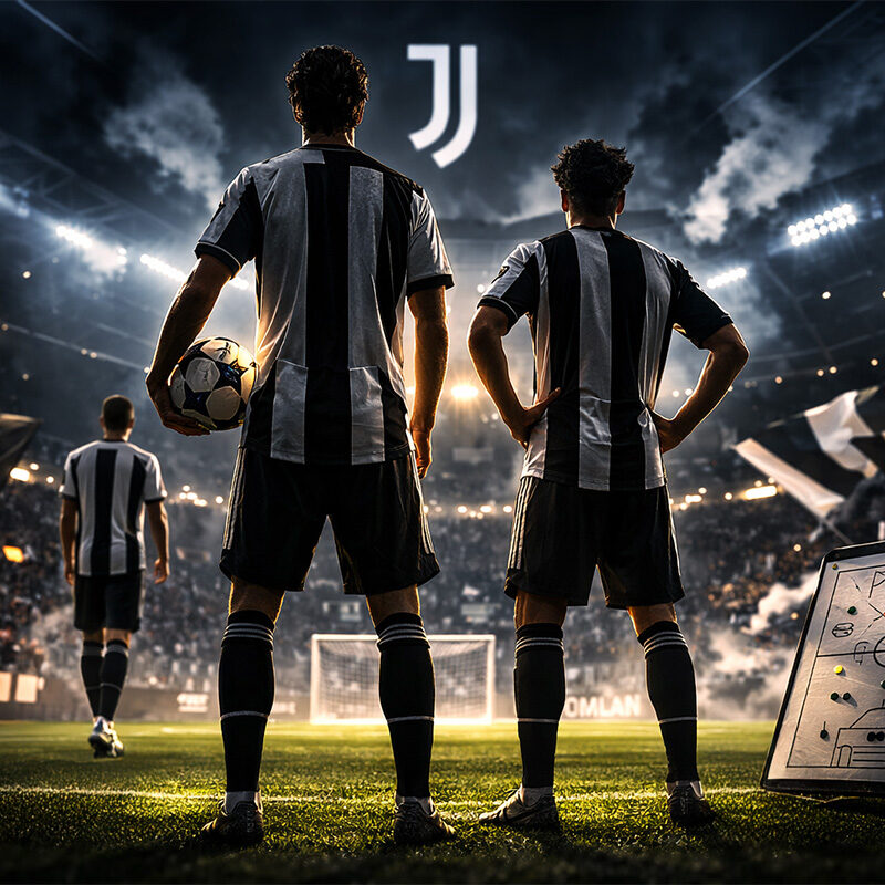 Giocatori di spalle nello stadio illuminato rappresentano il centrocampo Juventus pronto a guidare la nuova strategia bianconera.