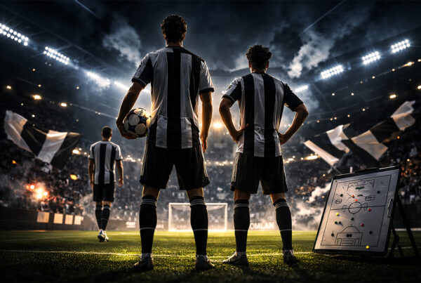 Giocatori di spalle nello stadio illuminato rappresentano il centrocampo Juventus pronto a guidare la nuova strategia bianconera.