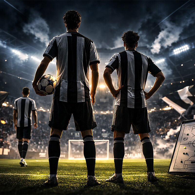 Giocatori di spalle nello stadio illuminato rappresentano il centrocampo Juventus pronto a guidare la nuova strategia bianconera.