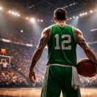 Chris Herren storia: giocatore di basket di spalle con maglia verde stile Celtics in campo NBA illuminato