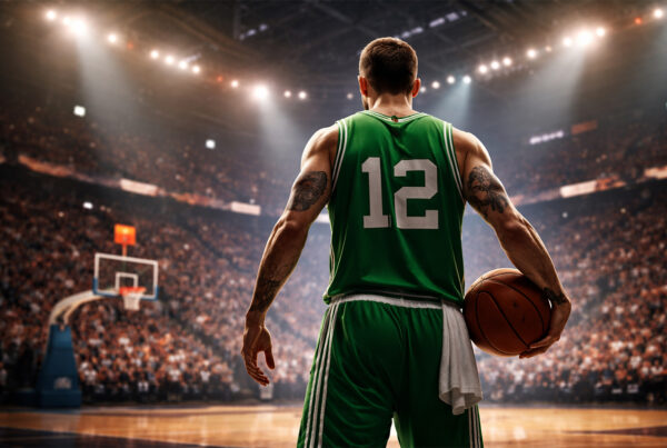 Chris Herren storia: giocatore di basket di spalle con maglia verde stile Celtics in campo NBA illuminato