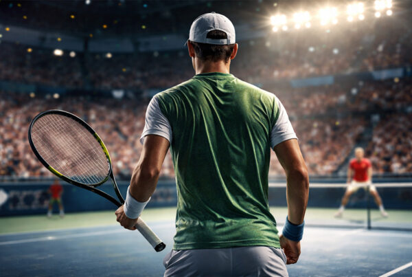 Tennista di spalle in campo durante una partita ATP, immagine illustrativa della corsa Cobolli Top 10 nel ranking mondiale