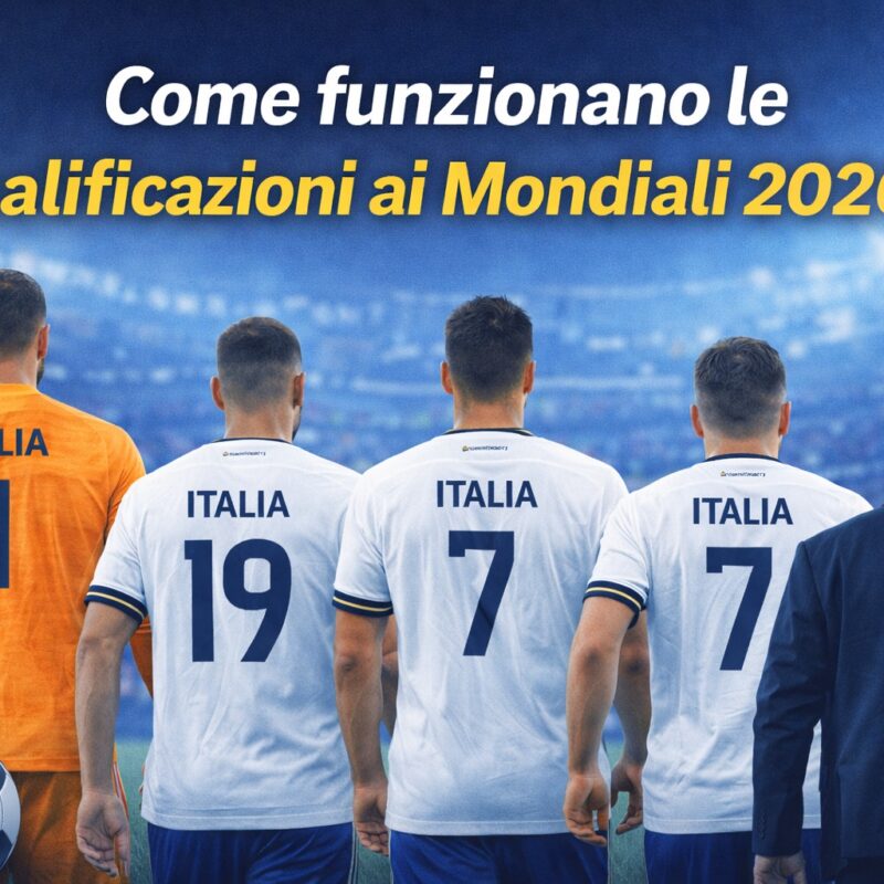 Giocatori dell’Italia di spalle con scritta “Italia” e numero di maglia sotto il titolo - Cosa dev fare l'Italia per qualificarsi ai prossimi mondiali 2026?