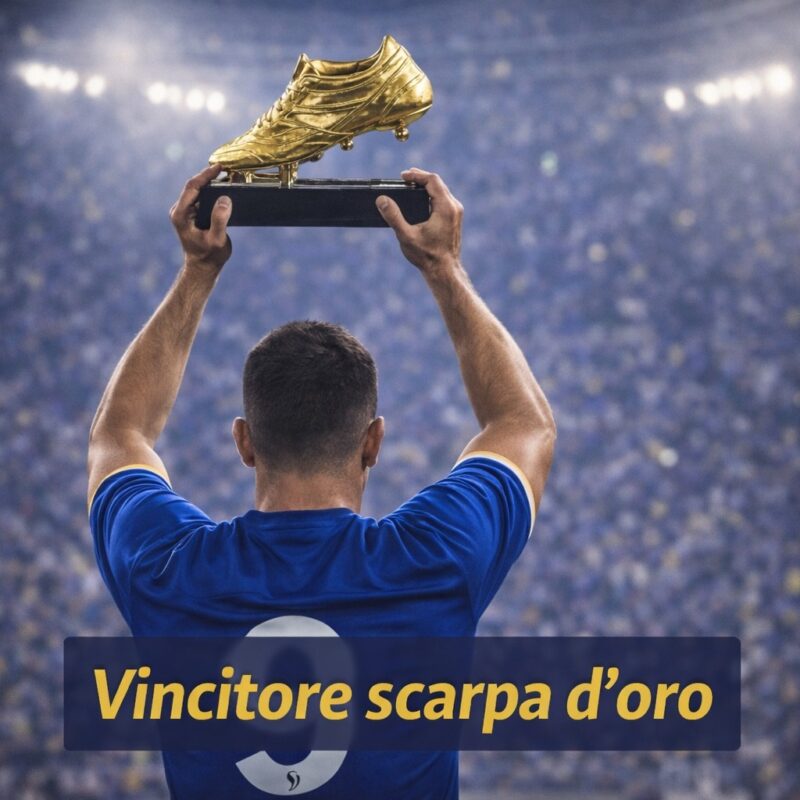 Cos’è la Scarpa d’Oro – calciatore di spalle con maglia azzurra alza il trofeo della Scarpa d’Oro in uno stadio illuminato.