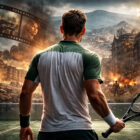 Damir Dzumhur di spalle su un campo da tennis con scenario di guerra sullo sfondo in stile realistico