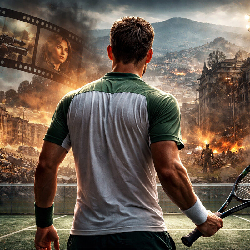 Damir Dzumhur di spalle su un campo da tennis con scenario di guerra sullo sfondo in stile realistico