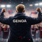 De Rossi al Genoa di spalle esulta davanti alla squadra e ai tifosi in uno stadio illuminato