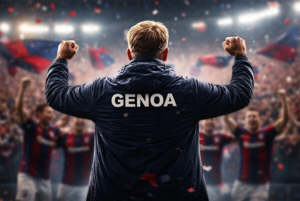 De Rossi al Genoa di spalle esulta davanti alla squadra e ai tifosi in uno stadio illuminato