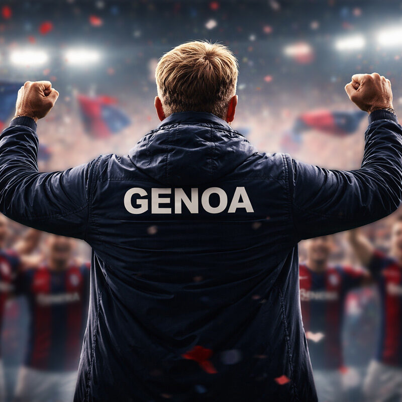 De Rossi al Genoa di spalle esulta davanti alla squadra e ai tifosi in uno stadio illuminato