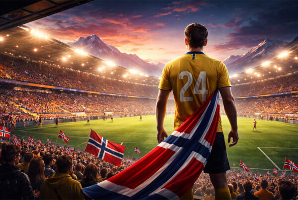 Giocatore di spalle in uno stadio gremito durante una partita di Eliteserien Norvegia, con bandiera norvegese e atmosfera serale cinematografica.