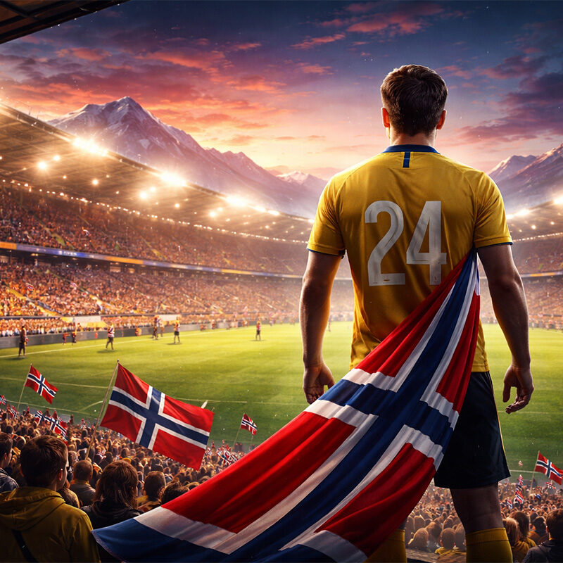 Giocatore di spalle in uno stadio gremito durante una partita di Eliteserien Norvegia, con bandiera norvegese e atmosfera serale cinematografica.