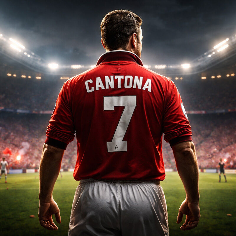 Eric Cantona di spalle con maglia numero 7 del Manchester United in uno stadio illuminato durante una partita serale