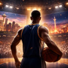 Giocatore di basket di spalle in arena durante espansione NBA con skyline Seattle e Las Vegas