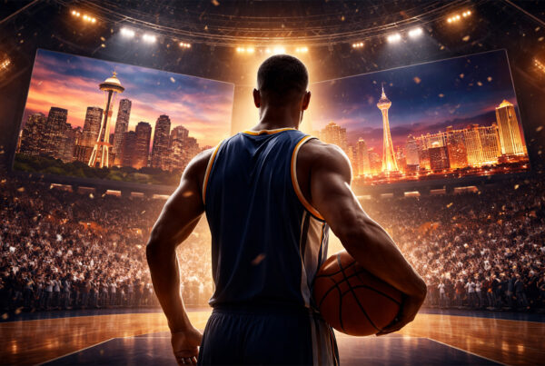 Giocatore di basket di spalle in arena durante espansione NBA con skyline Seattle e Las Vegas