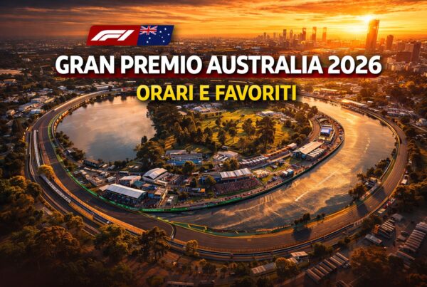 Vista dall’alto del circuito di Albert Park a Melbourne con scritta Gran Premio Australia 2026 Orari e favoriti.
