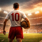 Calciatore di spalle in uno stadio illuminato mentre si prepara al tiro, rappresentazione del calcio essenziale