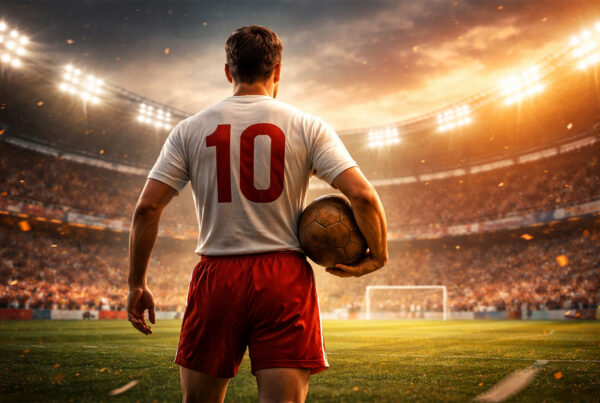 Calciatore di spalle in uno stadio illuminato mentre si prepara al tiro, rappresentazione del calcio essenziale